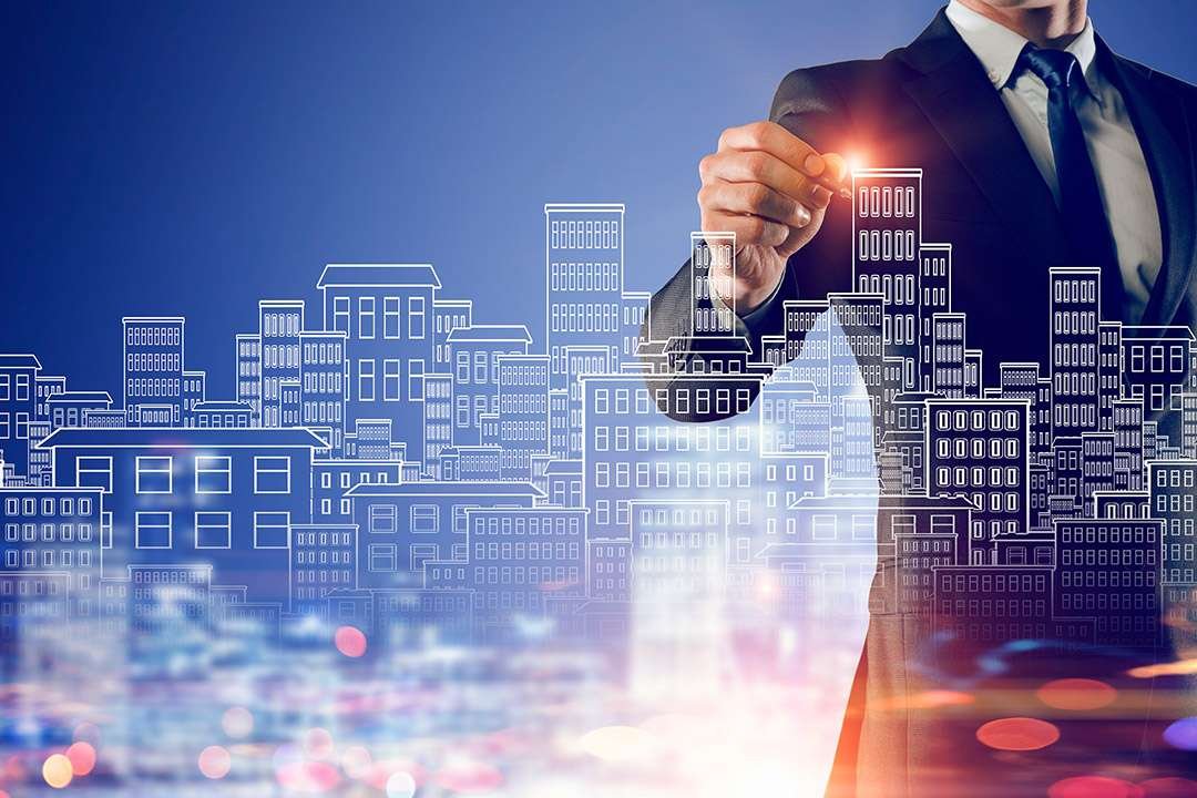 Business engineer drawing commercial real construction project on screen